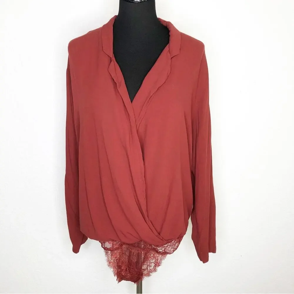 Intimately Free People Elsa rust red plunge wrap lace bottom bodysuit size Large